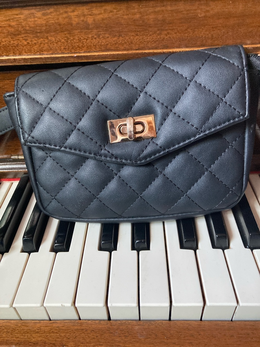Quilted Black Crossbody Belt Bag with Turn-Lock